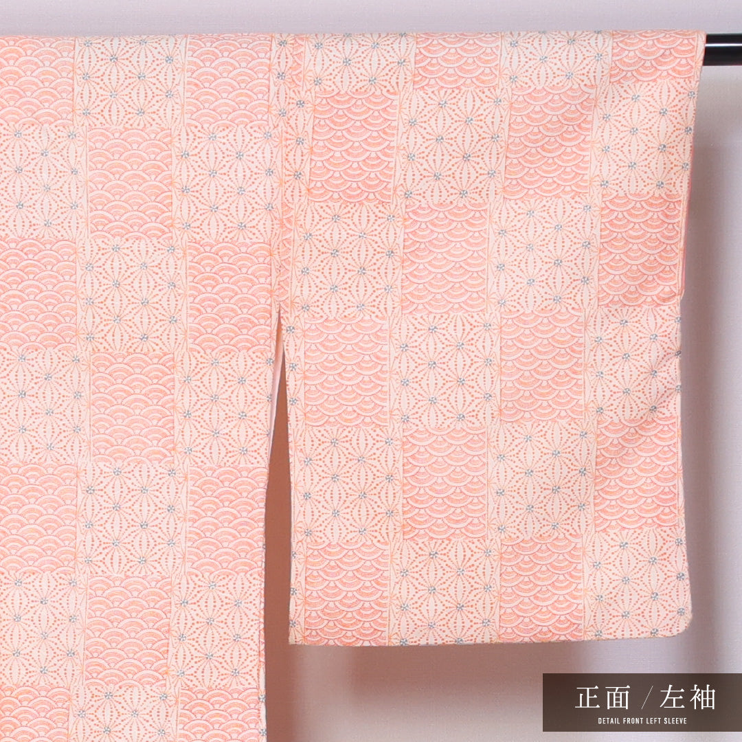 洗える着物 小紋 袷 身丈163cm 裄丈64cm ポリエステル Aランク インフォーマル 広衿 Lサイズ 麻の葉 青海波 ピンク系 HP 1221-11456