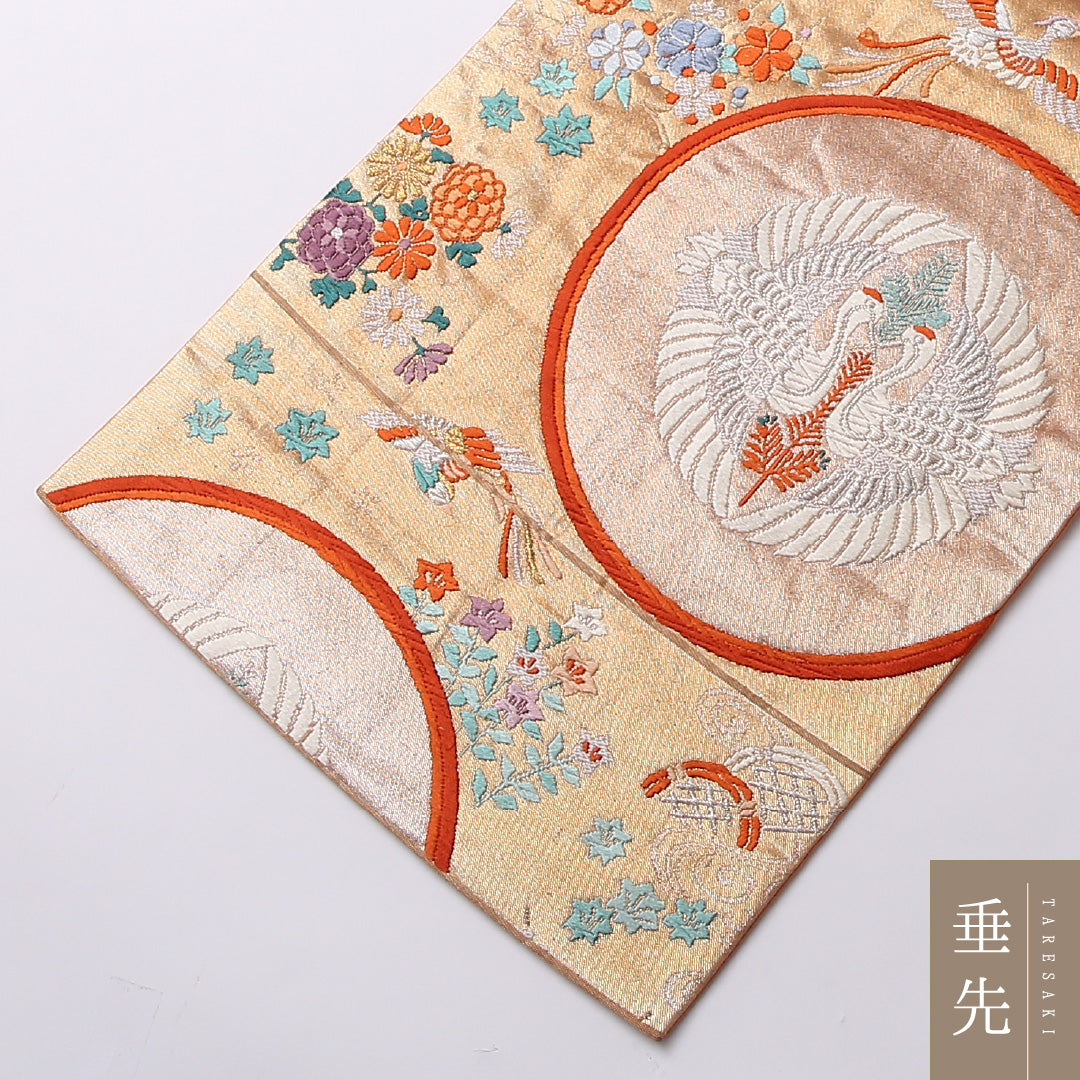 袋帯 帯丈432cm 正絹 六通 フォーマル 鳳凰 丸文 朱系 1243-01578