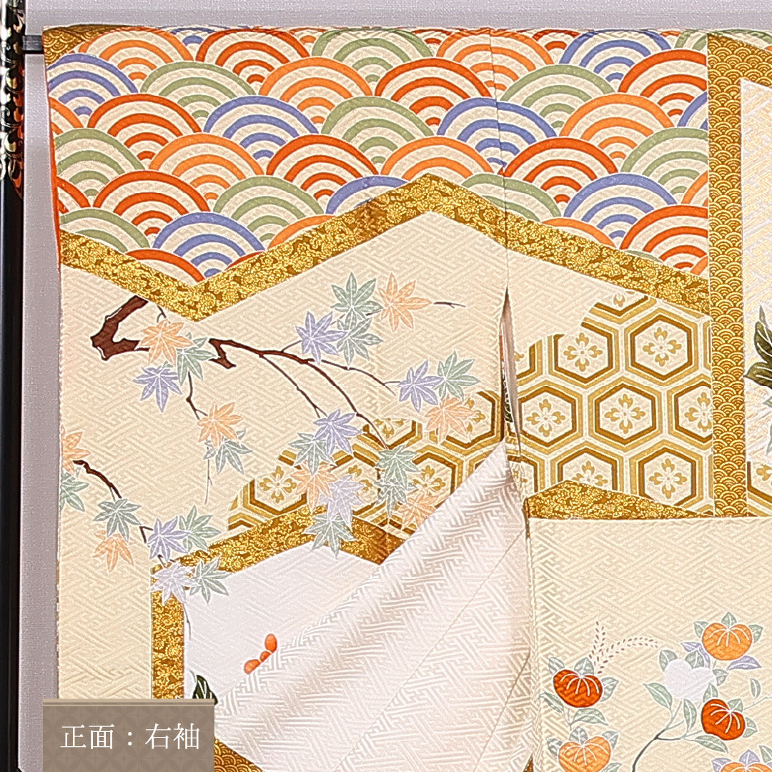 振袖 身丈157cm 裄丈65cm 袷 正絹 Sランク 広衿 紅葉 金糸 青海波 亀甲 牡丹 1213-F0364