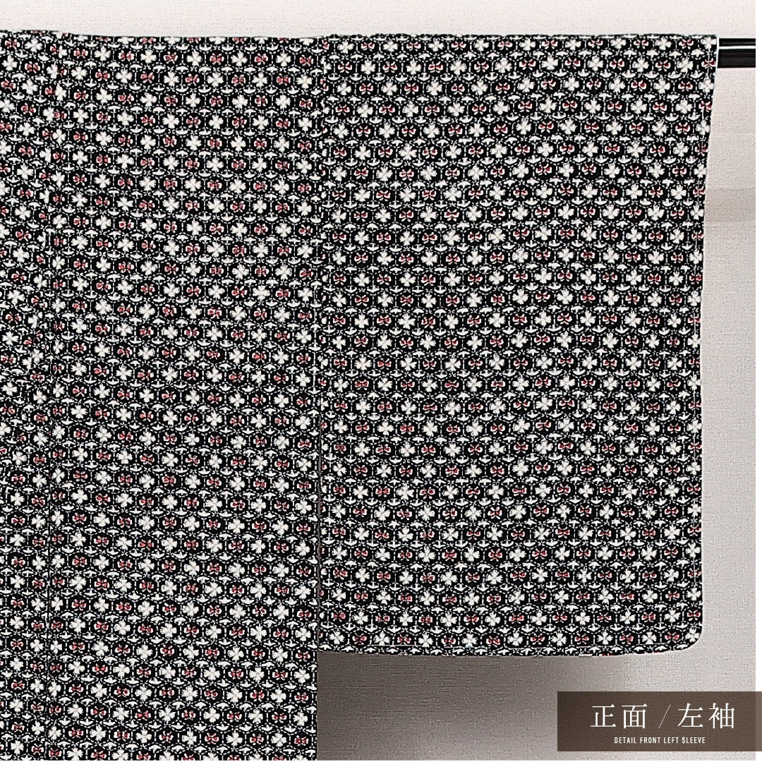洗える着物 小紋 袷 身丈155cm 裄丈62cm ポリエステル Aランク インフォーマル バチ衿 Mサイズ しつけ糸 花菱亀甲 黒系 RP 1221-14061