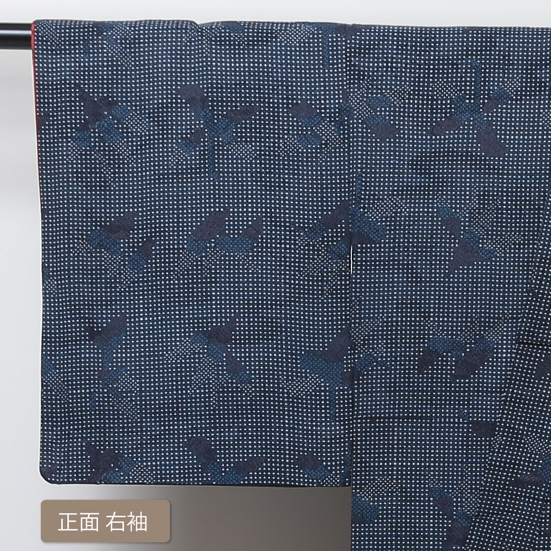 洗える着物 小紋 袷 身丈147cm 裄丈60cm ポリエステル Sランク インフォーマル バチ衿 XSサイズ 幾何学柄 紺系 RP 1221-01320