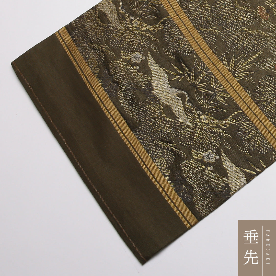 アンティーク 丸帯 帯丈400cm 正絹 全通 琳派 松鶴 緑系 1242-01408