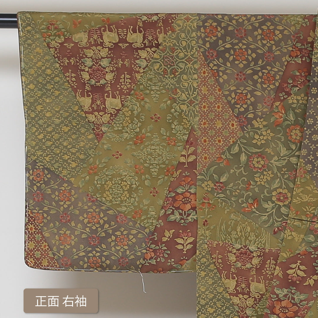 小紋 袷 身丈150cm 裄丈59cm 正絹 Sランク インフォーマル 広衿 Sサイズ 草木染め 更紗 千總 証紙 花柄 緑系 SR 1221-01451