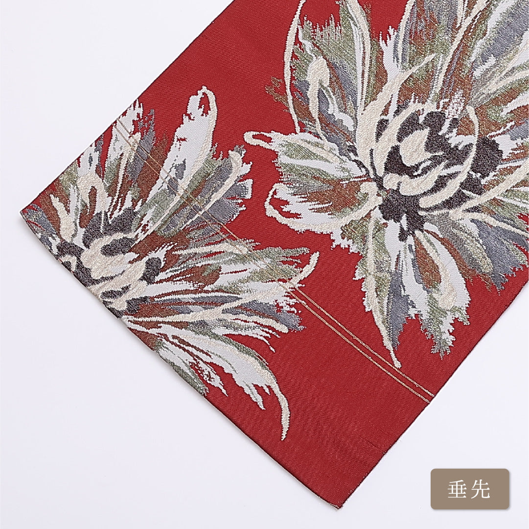名古屋帯 帯丈344cm 六通 松葉仕立て Sランク カジュアル 創作 花柄 綴れ織 正絹 赤系 1224-01201