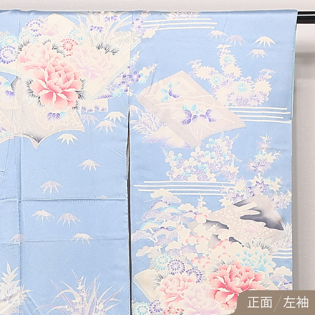 振袖 身丈165cm 裄丈66.5cm Aランク 正絹 袷 広衿 XL 銀駒刺繍 吉祥文様 牡丹 フォーマル 古典的 爽やか 水色系 1213-F0568