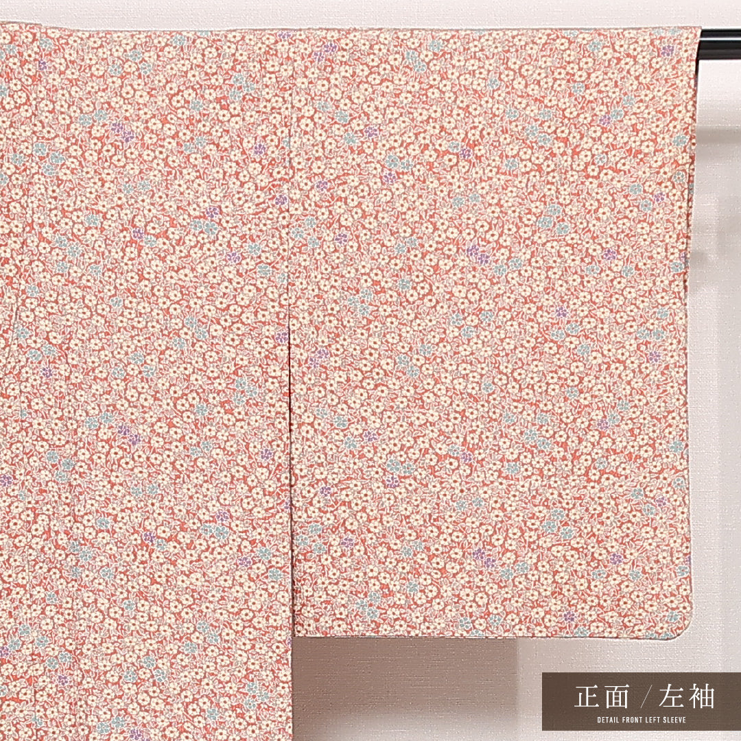 洗える着物 小紋 単衣 身丈159cm 裄丈63cm ポリエステル Bランク インフォーマル バチ衿 Mサイズ 花柄 赤系 HP 1221-13316