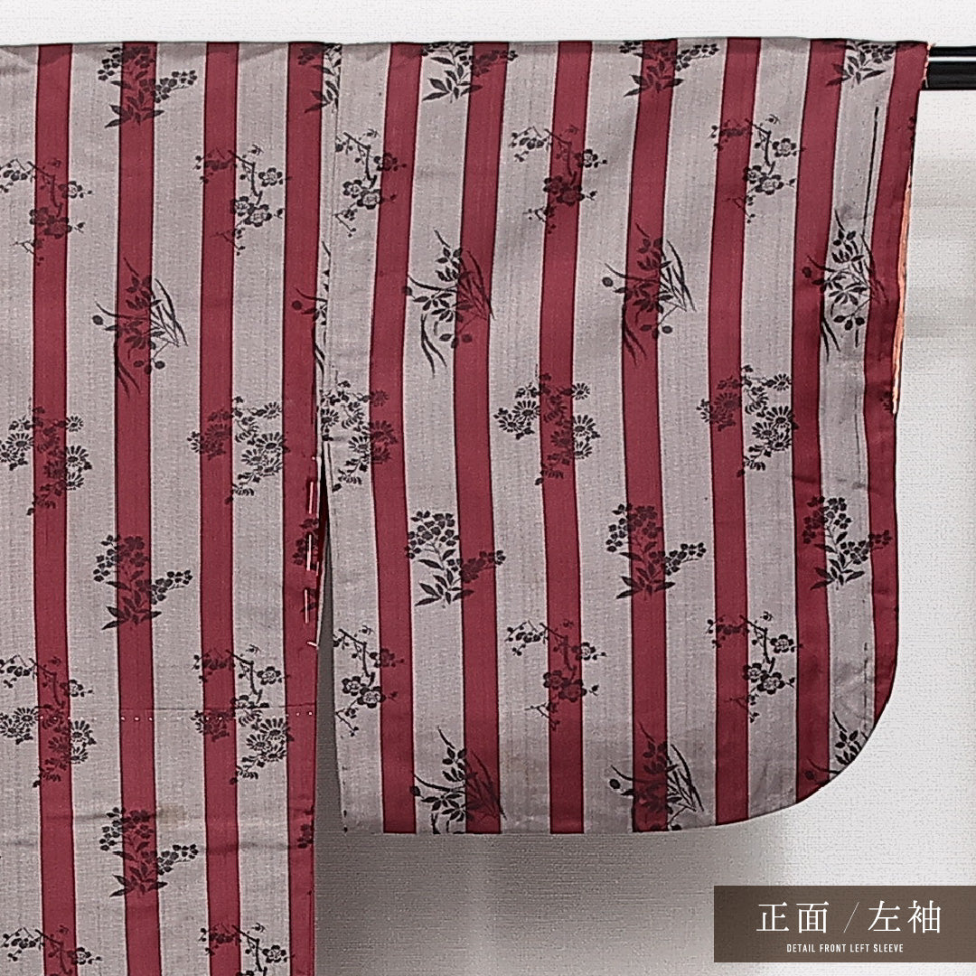 アンティーク お召 袷 身丈147cm 裄丈63cm 正絹 Bランク バチ衿 XSサイズ 花柄 植物柄 赤系 RP 1222-14138