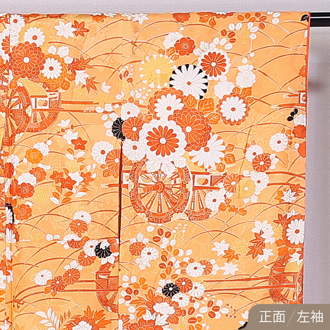 振袖 身丈160cm 裄丈64cm 袷 正絹 Sランク 広衿 花車 牡丹 紅葉 菊 芝草 金駒刺繍 1213-F0393
