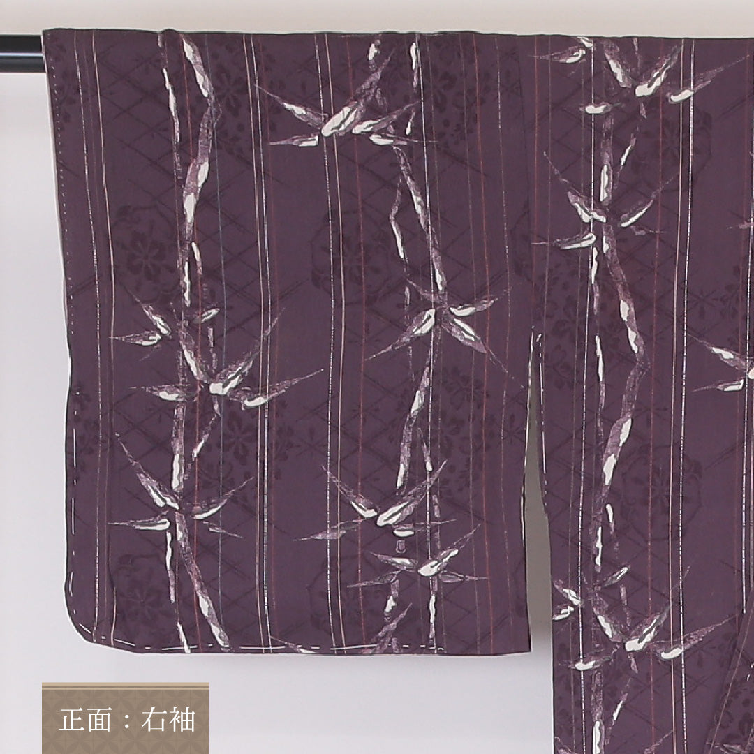 アンティーク 小紋 袷 身丈149cm 裄丈61cm 正絹 Bランク XSサイズ 広衿 笹 紫系 1215-02092