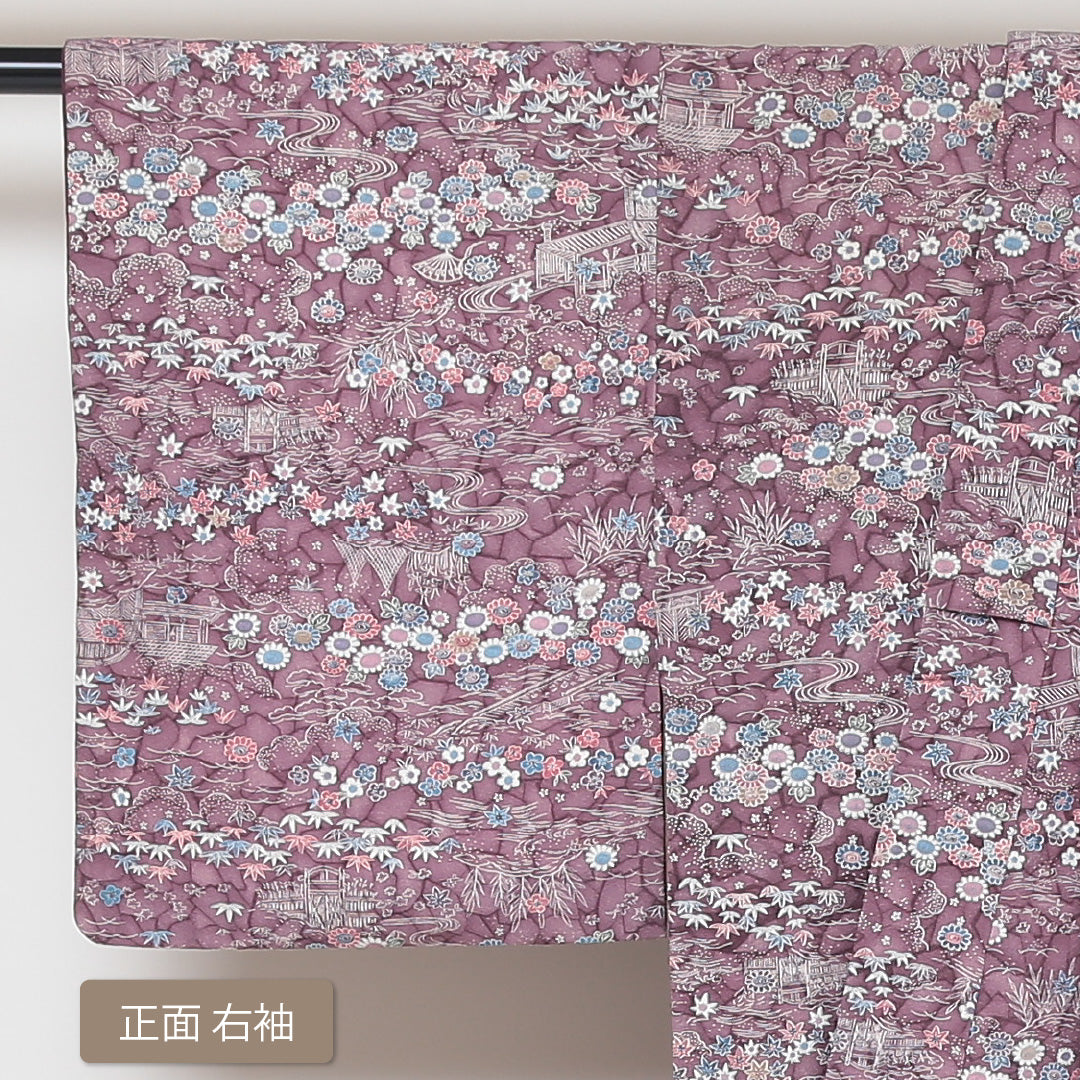 小紋 袷 身丈153cm 裄丈62cm 正絹 Sランク インフォーマル バチ衿 Sサイズ 茶屋辻 紅葉 紫系 RP 1221-01443