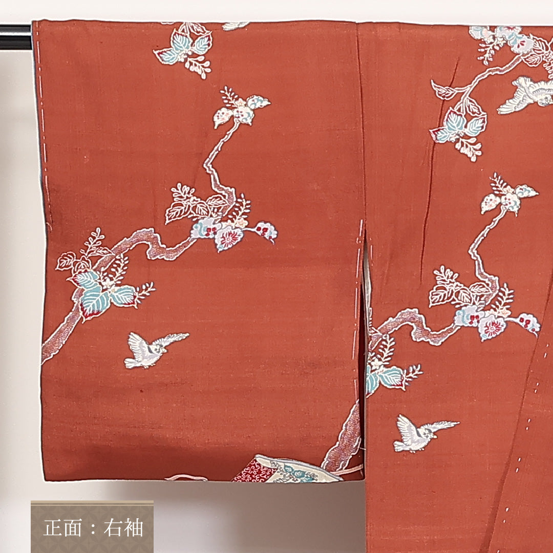 アンティーク 小紋 袷 身丈146cm 裄62cm 正絹 鳥 絵巻 朱系 ちりめん Cランク 1215-02307