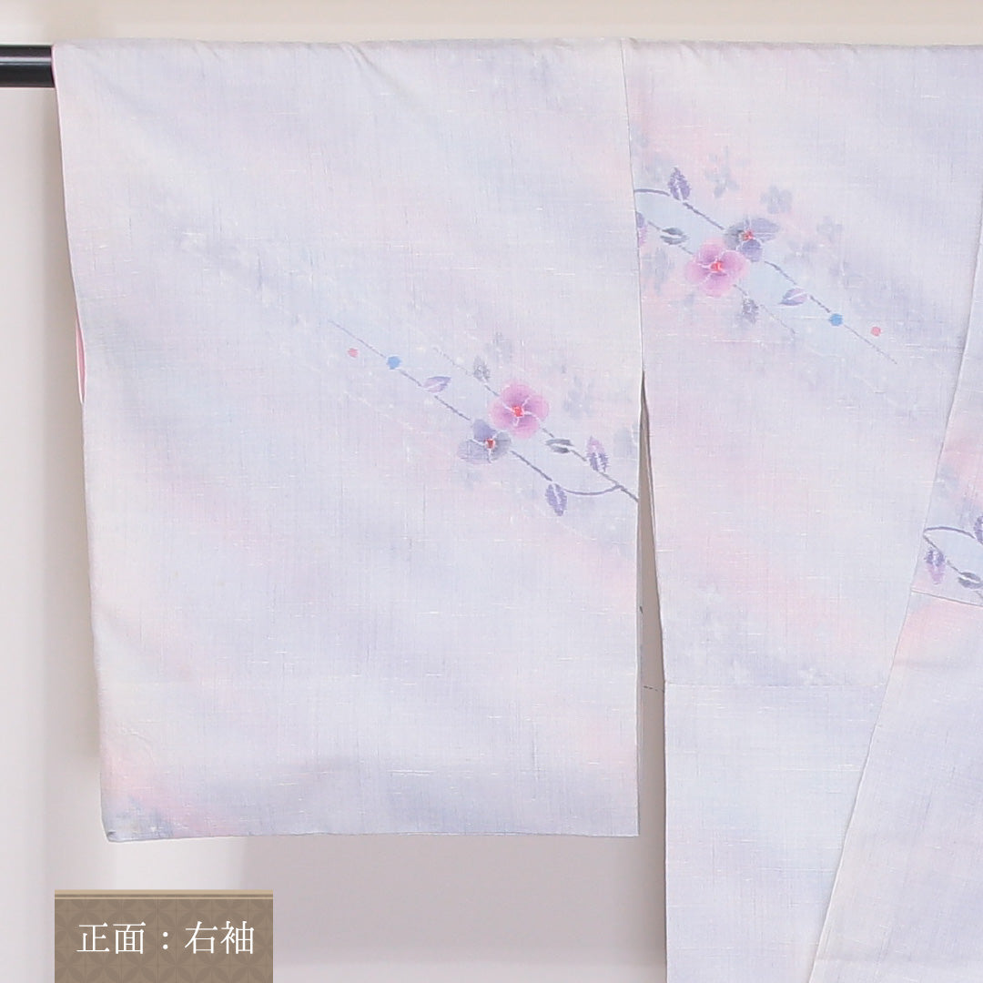 紬 袷 身丈163cm 裄66cm 正絹 花柄 ぼかし 白系 Cランク 1216-01122