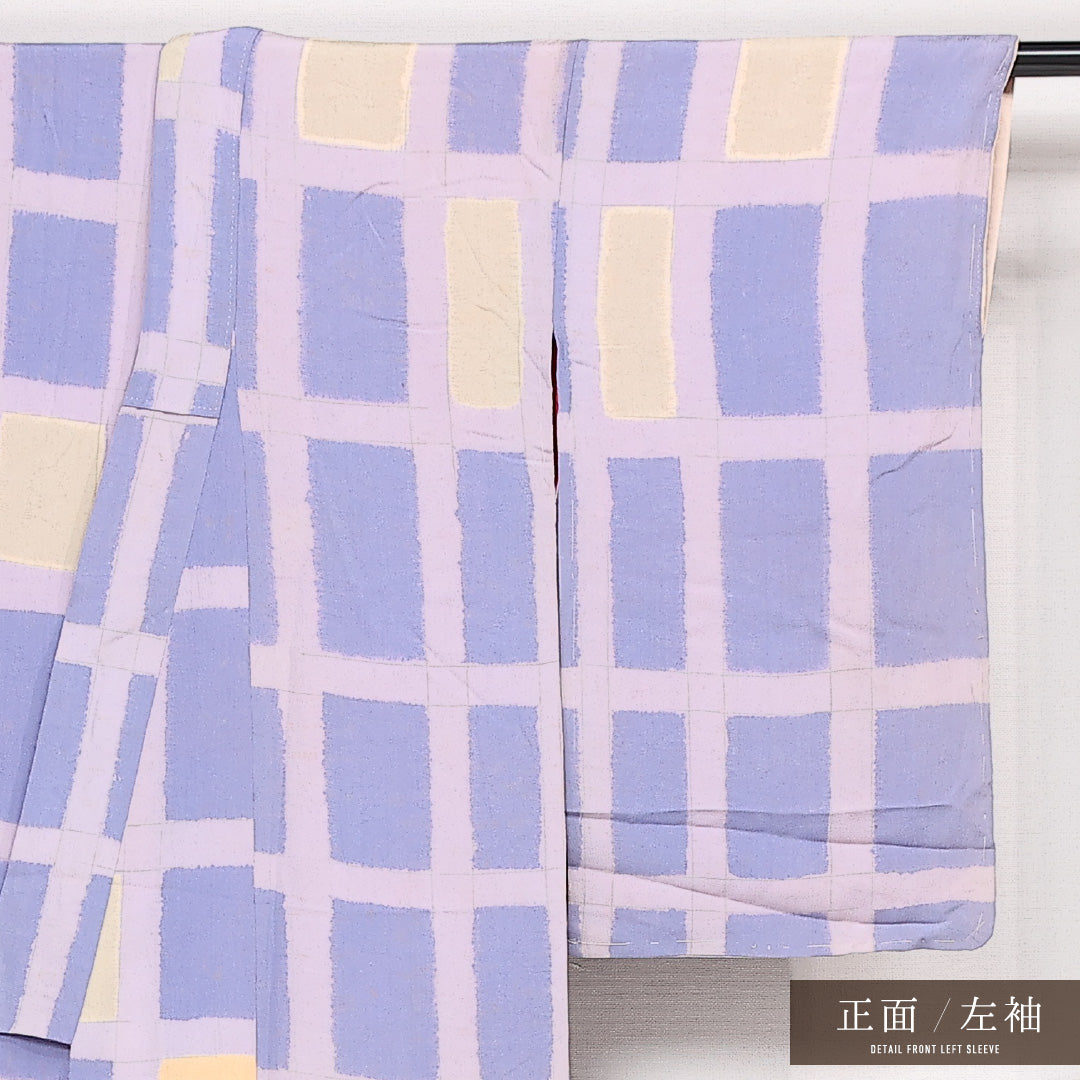 アンティーク 小紋 袷 身丈147cm 裄丈60cm Dランク 正絹 バチ衿 XSサイズ 格子 スタイリッシュ 爽やか 水色系 紫系 1215-13521