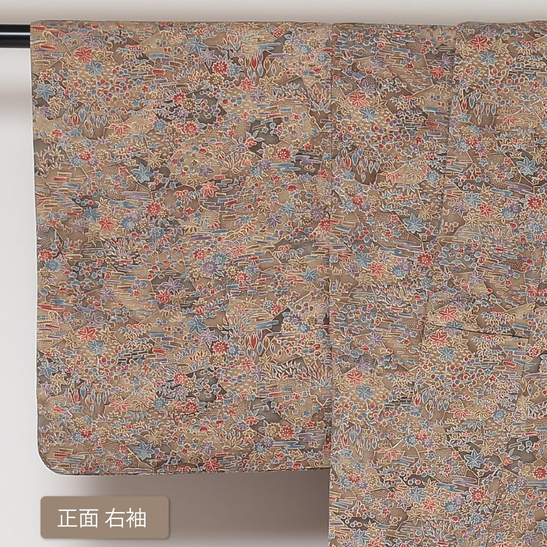 小紋 袷 身丈159cm 裄63cm 茶系 型染め 花柄 紅葉 正絹 Aランク 1215-01602-3314