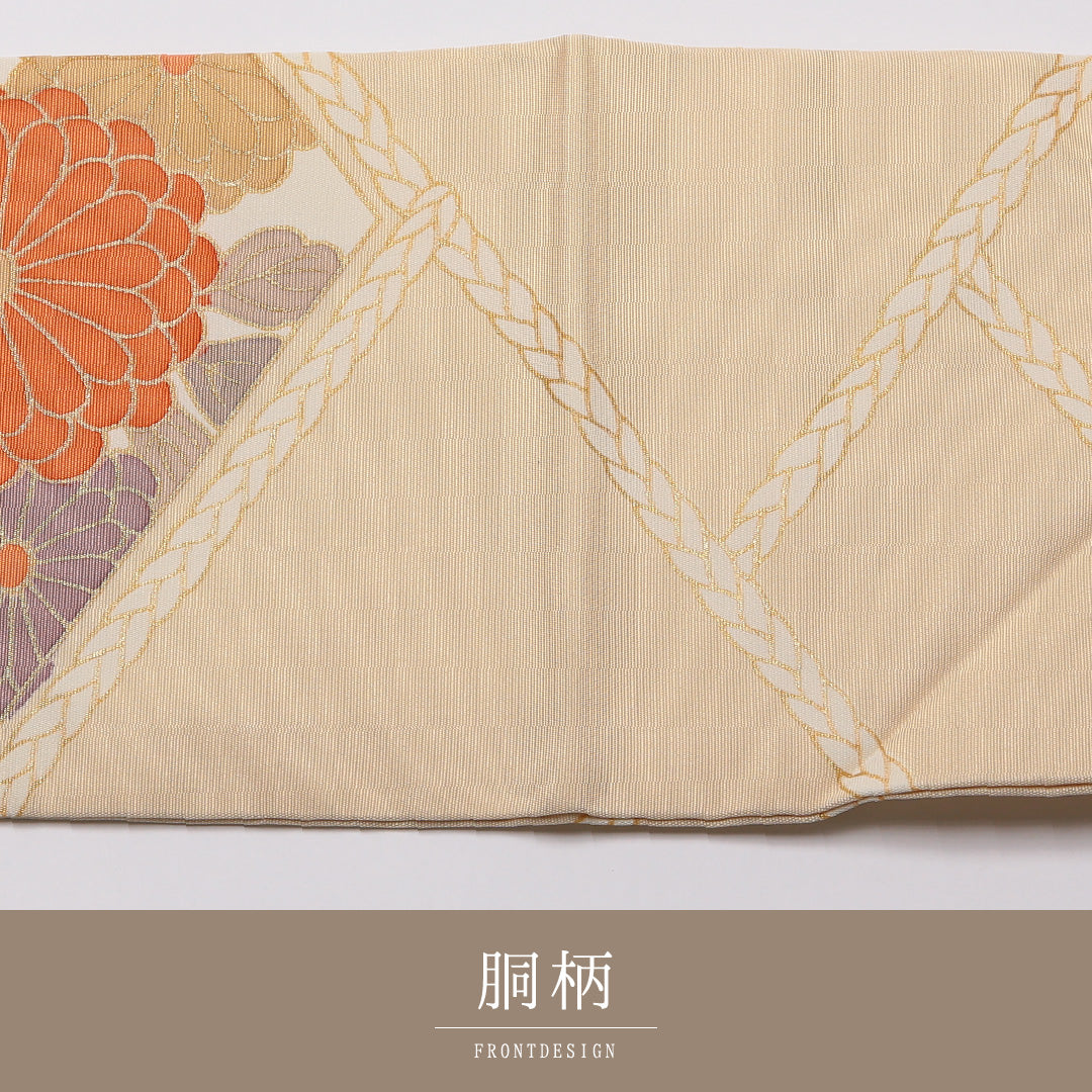 名古屋帯 ポイント柄 帯丈373cm カジュアル Sランク 正絹 笹 鶴 鼓 菱 菊 ベージュ系 1224-01762