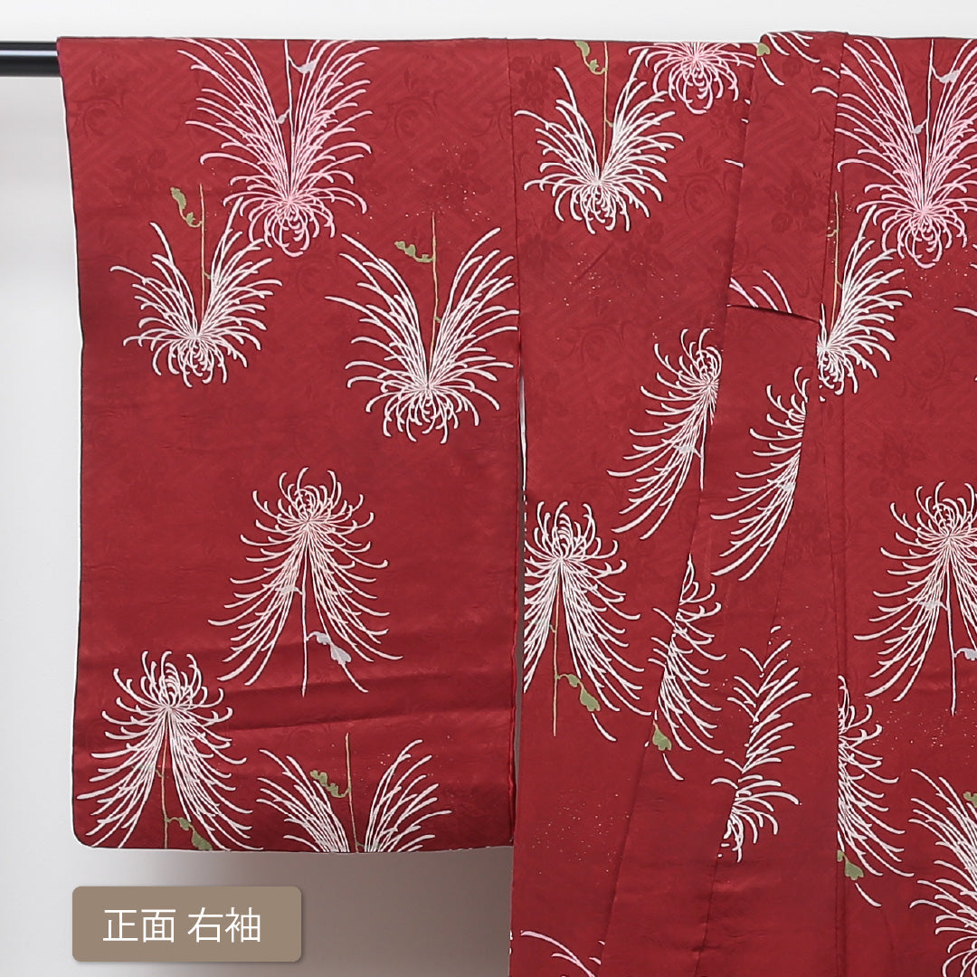 アンティーク 小紋 (錦紗) 袷 身丈145cm 裄丈62cm 正絹 Aランク バチ衿 XSサイズ 菊 赤系 RP 1221-01328