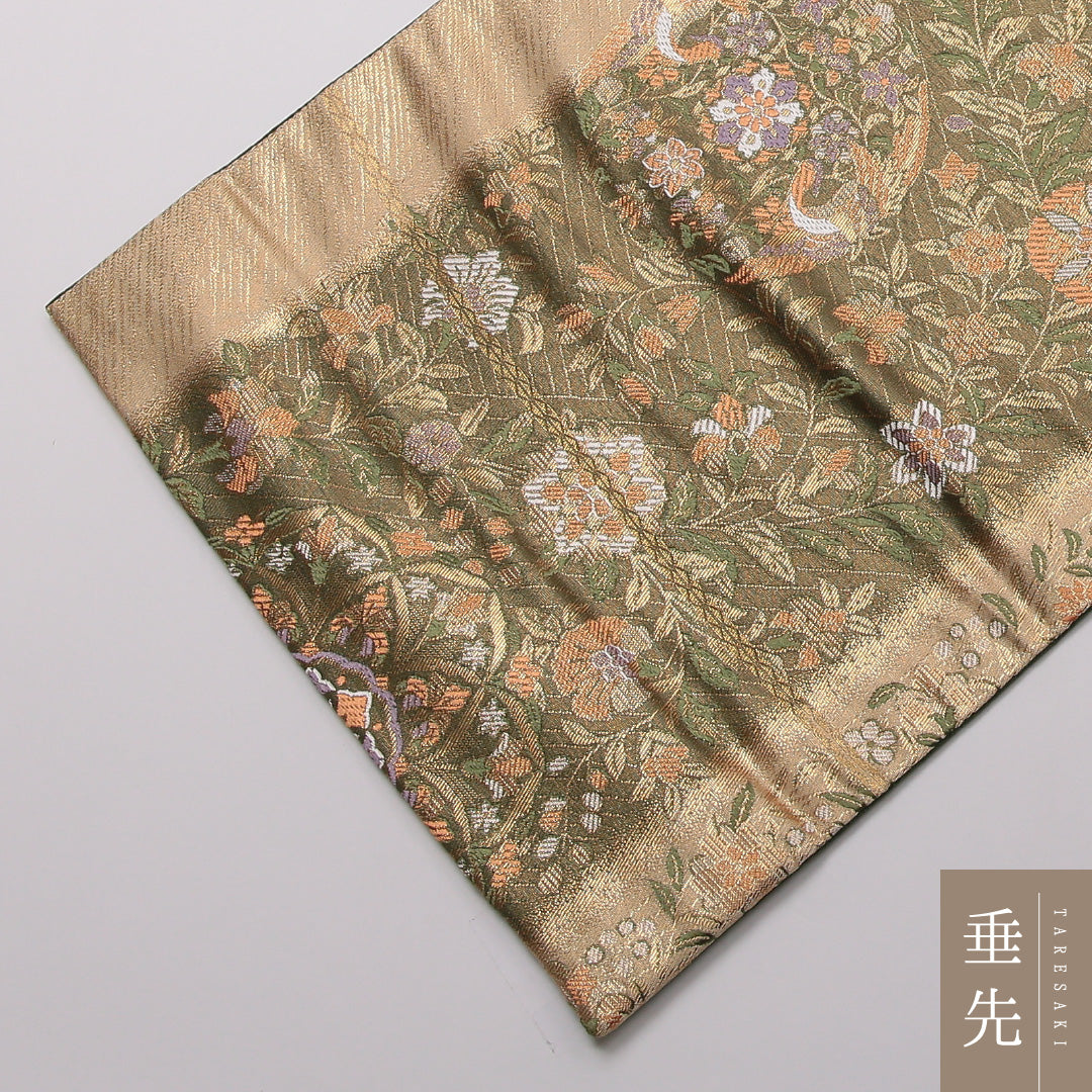 袋帯 六通 帯丈432cm フォーマル Sランク 正絹 金箔 唐草華文 金系 緑系 1223-01450