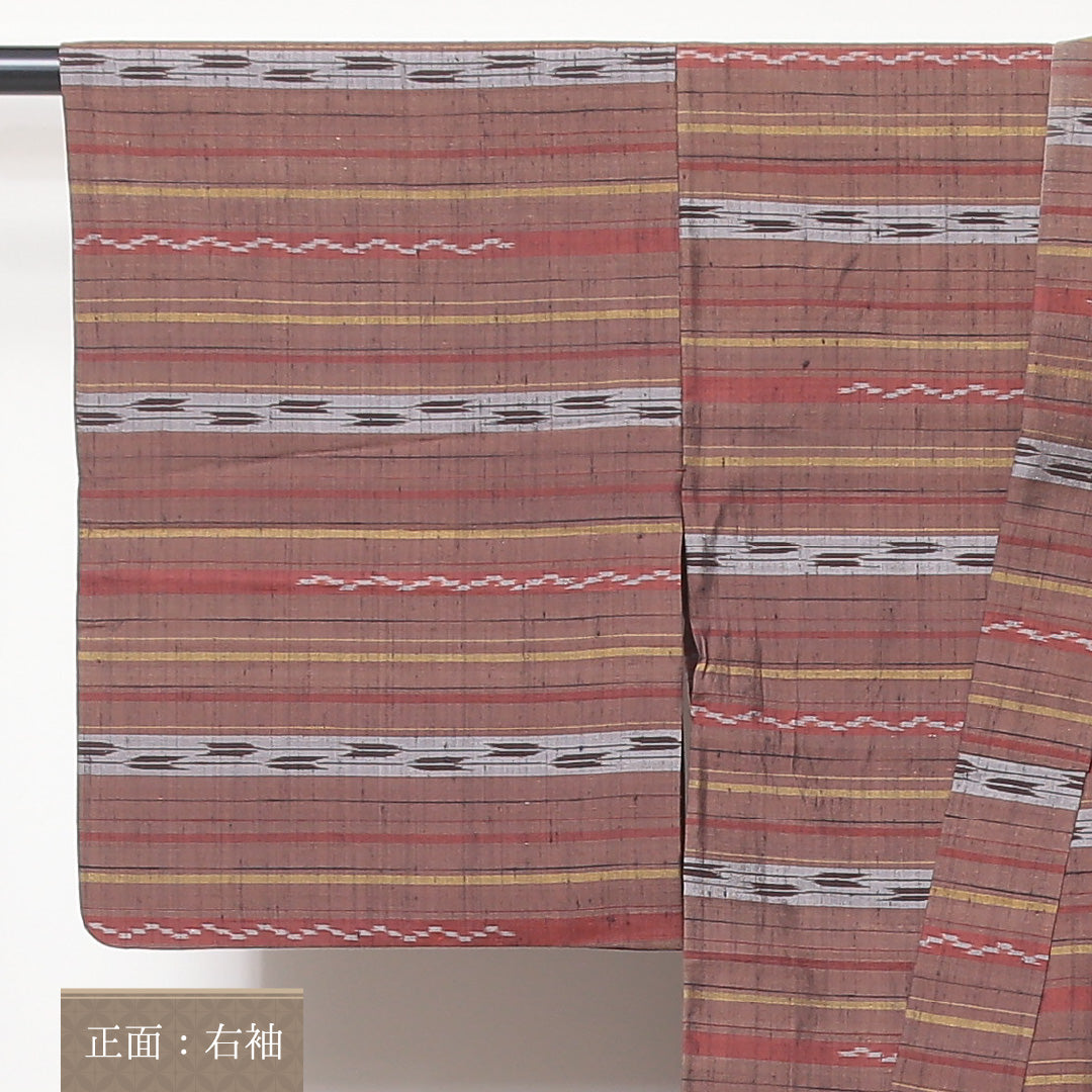 紬 単衣 身丈157cm 裄丈62cm 正絹 Sランク カジュアル バチ衿 Mサイズ 矢絣 茶系 RP 1223-03506