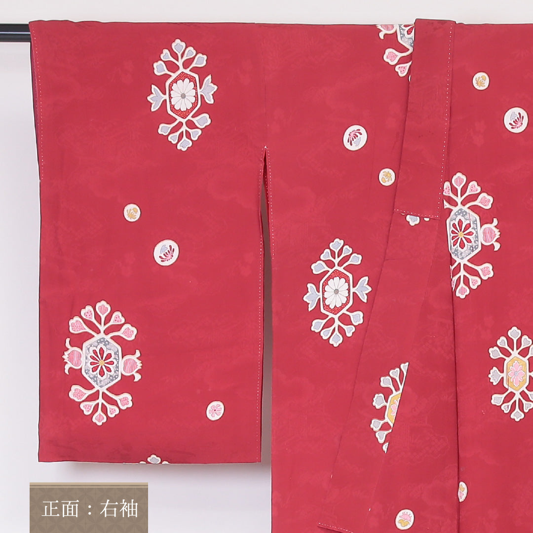 アンティーク 小紋 (錦紗) 袷 身丈147cm 裄丈62cm 正絹 Cランク 紋意匠 (吉祥文様) バチ衿 XSサイズ 花菱 赤系 RP 1221-02114