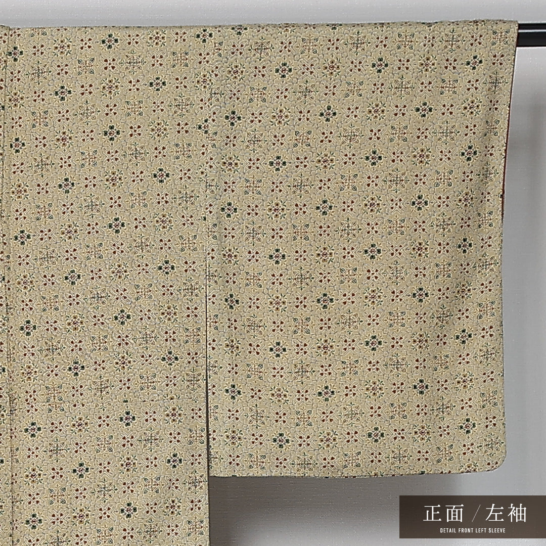 小紋 身丈150cm 裄丈63cm Aランク S 正絹 袷 広衿 オリエンタル 花菱 カジュアル 緑系 1215-11996