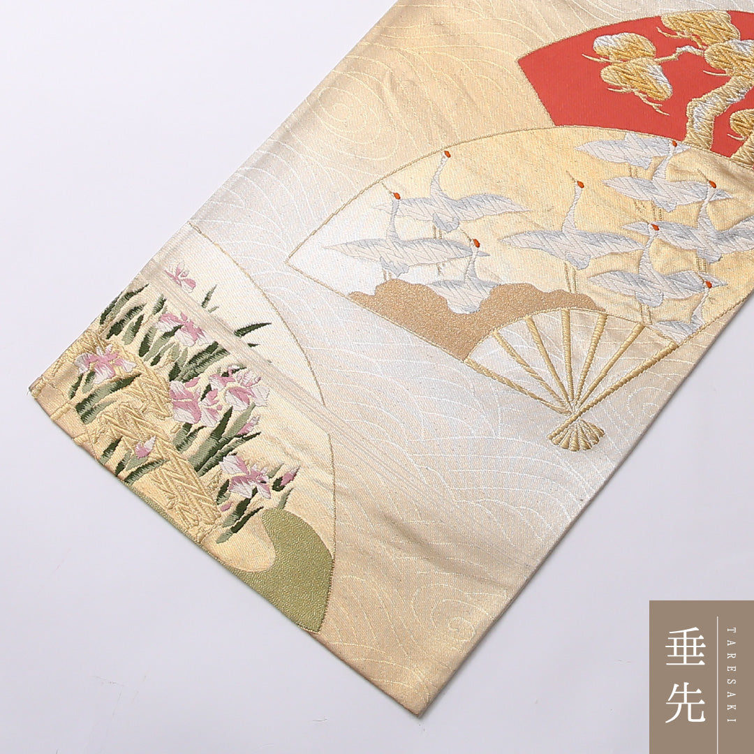 袋帯 帯丈424cm 正絹 六通 フォーマル 更紗 花扇 松鶴 八橋 金系 1243-01438