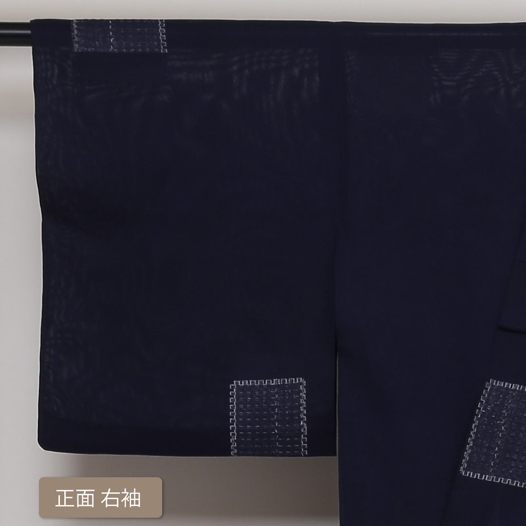 夏物 小紋 紗 身丈149cm 裄丈63cm 正絹 Aランク インフォーマル 広衿 XSサイズ 幾何学柄 紺系 RP 1221-01379