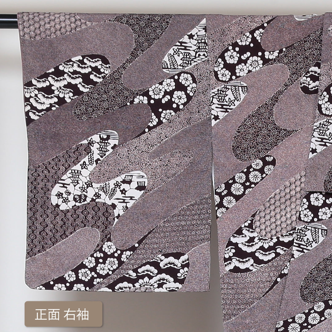 小紋 袷 身丈155cm 裄丈62cm 正絹 Bランク インフォーマル 広衿 Mサイズ 花柄 紫系 RP 1221-01470