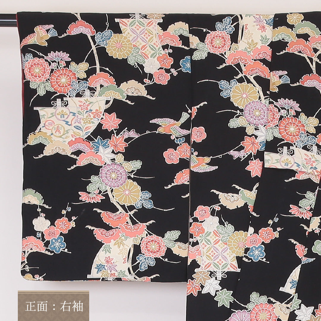 小紋 袷 身丈152cm 裄丈62cm 正絹 Aランク インフォーマル 広衿 Sサイズ 花鳥文 黒系 RP 1221-02142