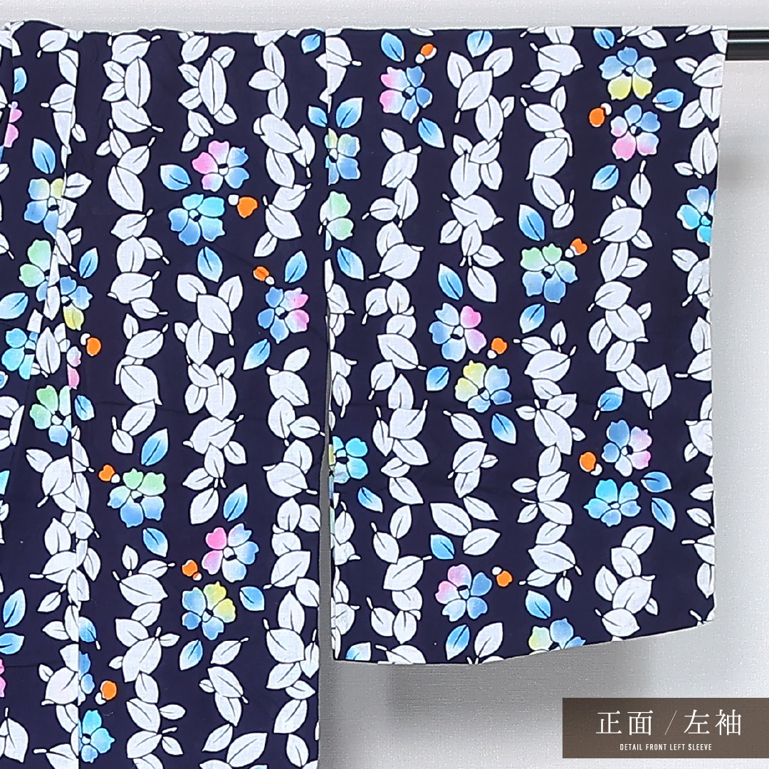 夏物 浴衣 身丈150cm 裄丈63cm Cランク S 木綿 洗える着物 夏物 バチ衿 肩当て 椿 カジュアル 紺系 1218-12147