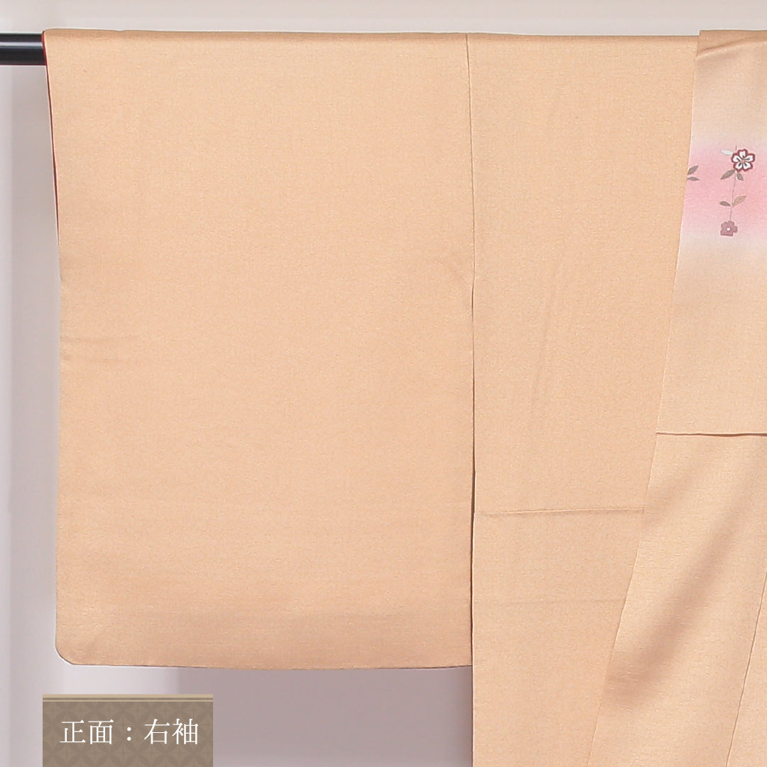 訪問着 袷 身丈160cm 裄丈64cm 正絹 Aランク セミフォーマル 広衿 Lサイズ ぼかし染 金彩 汕頭刺繍 扇 籠目 花柄 クリーム系 RP 1217-04584
