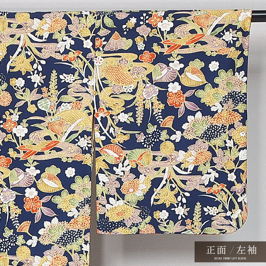 小紋 身丈155cm 裄丈66cm Aランク M 正絹 袷 バチ衿 吉祥文様 花柄 植物柄 京紅型 カジュアル 紺系 1215-12032