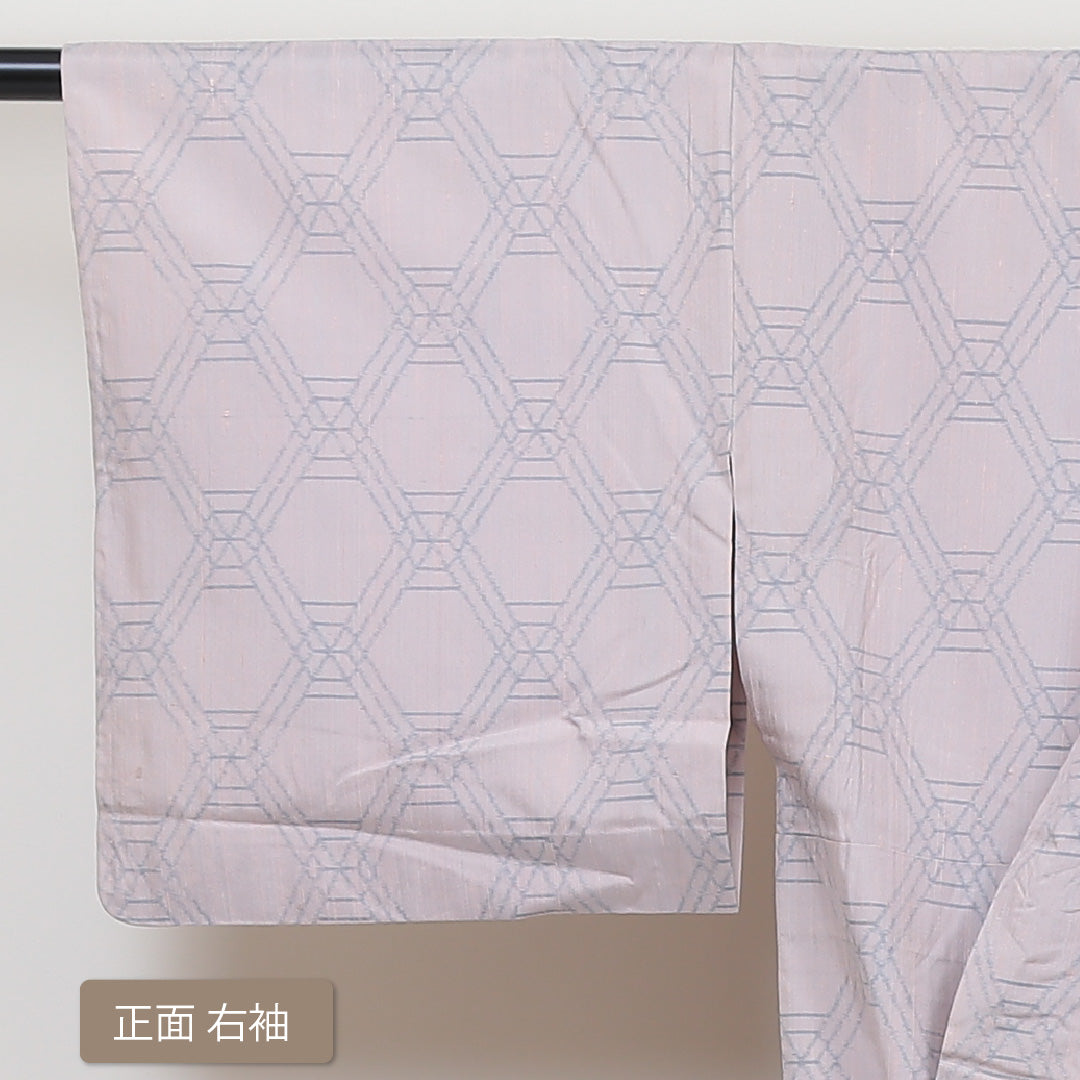 紬 単衣 身丈148cm 裄丈62cm 正絹 Cランク カジュアル バチ衿 XSサイズ 籠目 ピンク系 LP 1223-02924