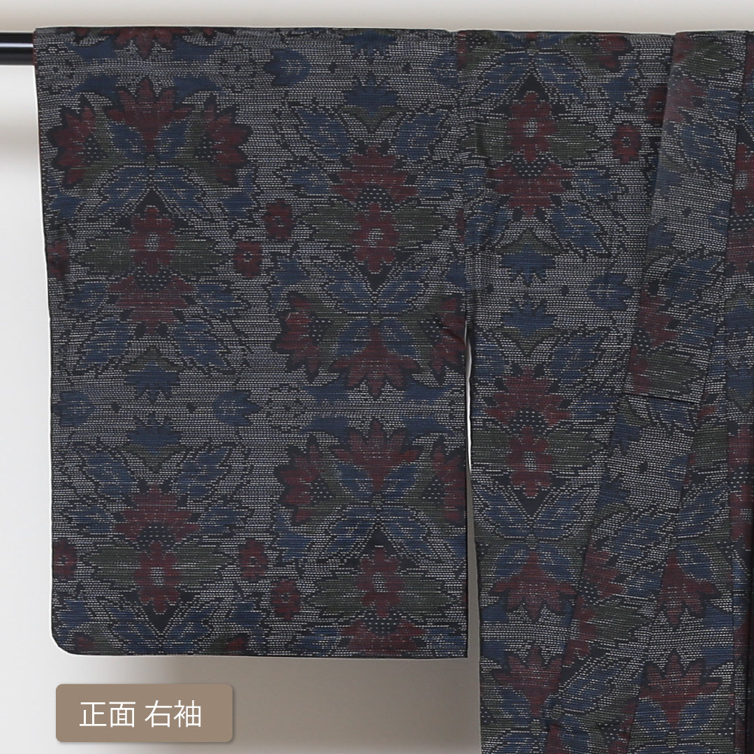 大島紬 袷 身丈156cm 裄丈64cm 正絹 Sランク インフォーマル 広衿 Mサイズ 緯総絣 花柄 植物柄 紺系 RP 1223-03013