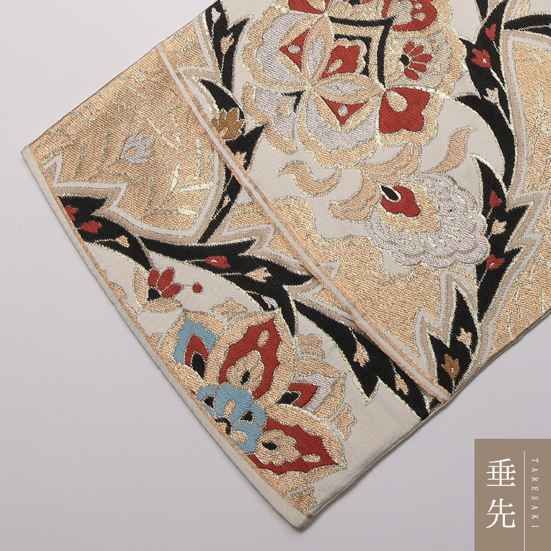 レトロ 袋帯 帯丈412cm 六通 宝相華 フォーマル クリーム系 正絹 Aランク 1223-01355