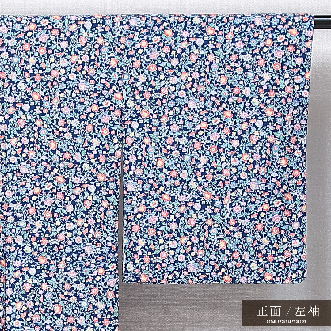 洗える着物 小紋 袷 身丈160cm 裄丈65cm ポリエステル Sランク インフォーマル 広衿 Lサイズ 花柄 紺系 RP 1221-14921