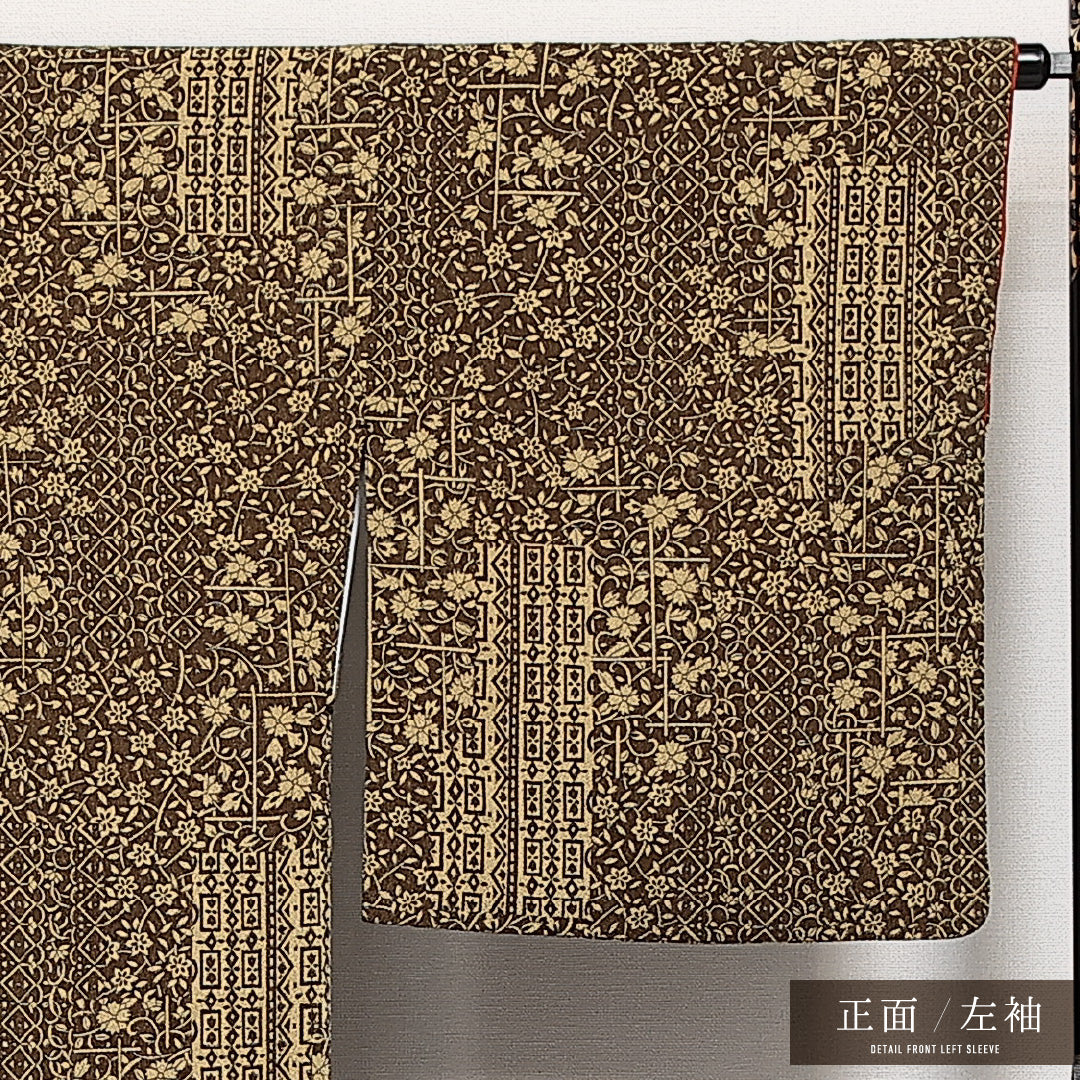 小紋 袷 身丈168cm 裄丈66cm 正絹 Sランク インフォーマル 広衿 XLサイズ 更紗 茶系 RP 1221-14017