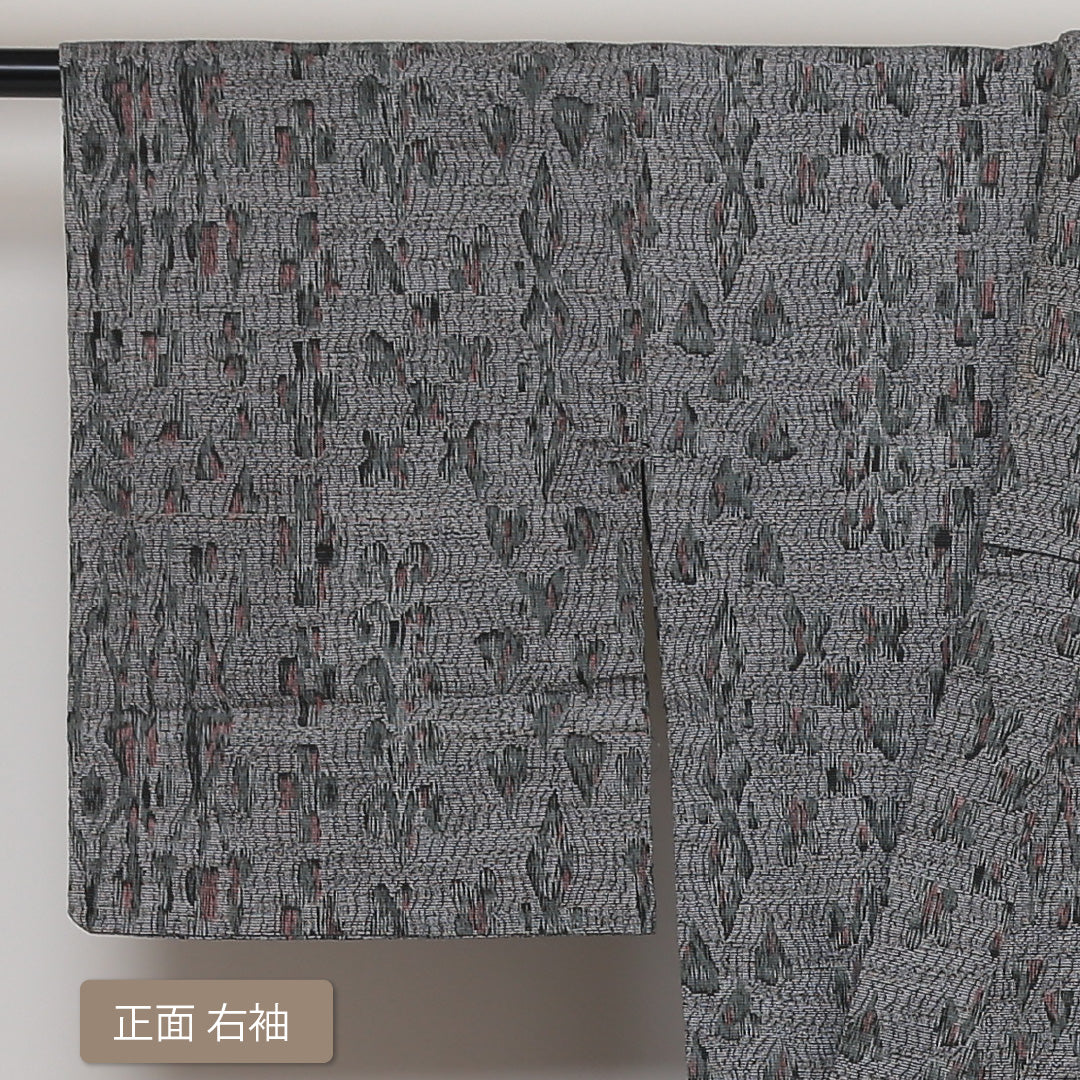 麻の紬 夏物 洗える着物 夏物 身丈146cm 裄丈62cm 麻 Cランク XSサイズ バチ衿 カジュアル 居敷当て 肩当て 創作柄 グレー系 1216-01378