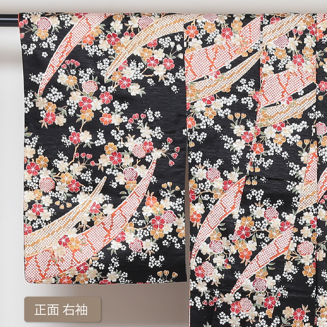 小紋 洗える着物 袷 身丈159cm 裄丈62cm ポリエステル Aランク Mサイズ 広衿 インフォーマル 古典柄 花柄 黒系 ピンク系 1215-01407