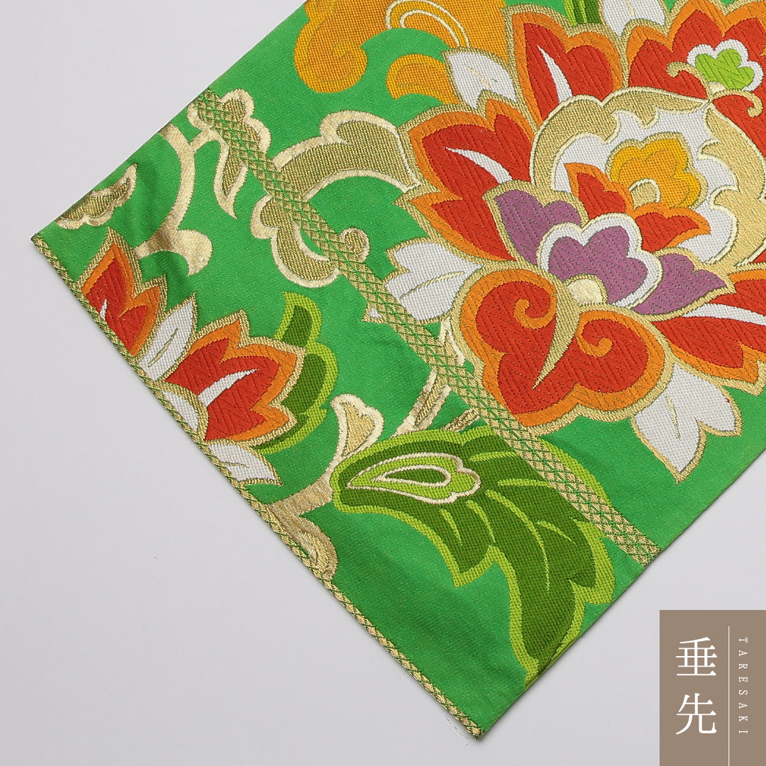 袋帯 帯丈424cm 六通 唐花 セミフォーマル 緑系 正絹 Aランク 1223-01172