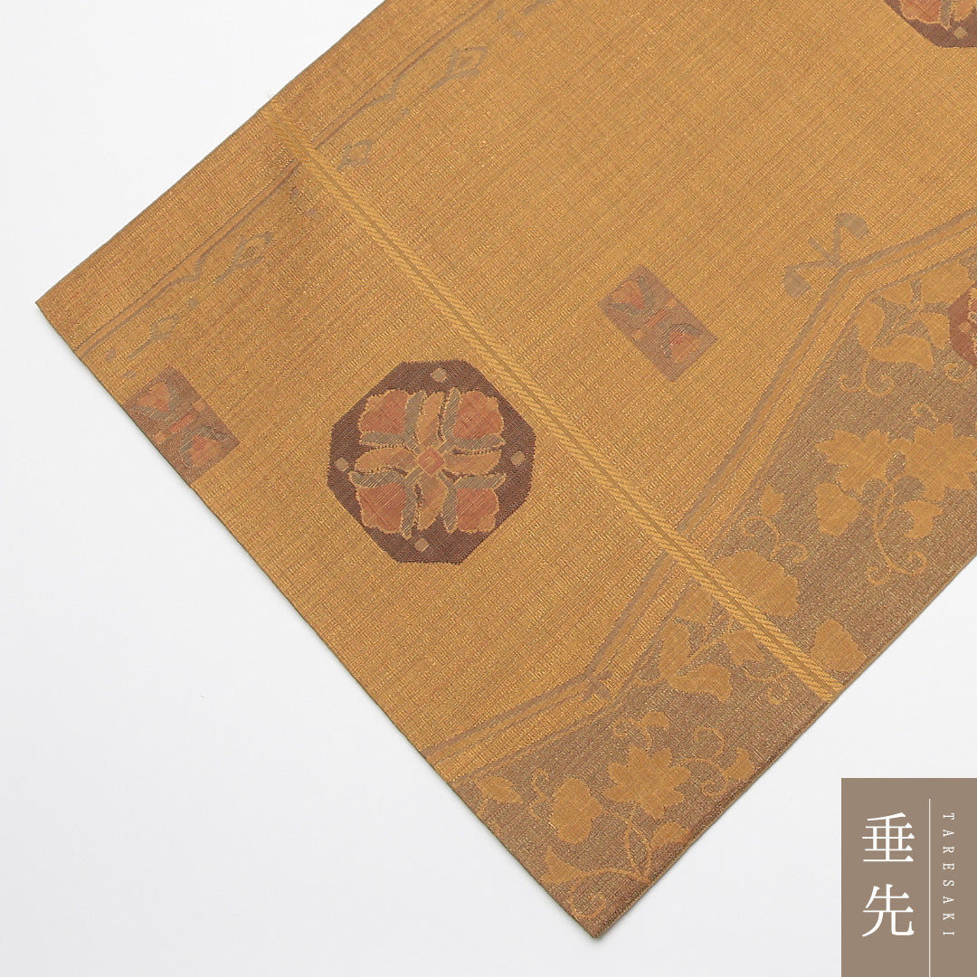 袋帯(紬) 帯丈428cm 正絹 六通 染め帯 カジュアル 花菱 黄系 1243-01252