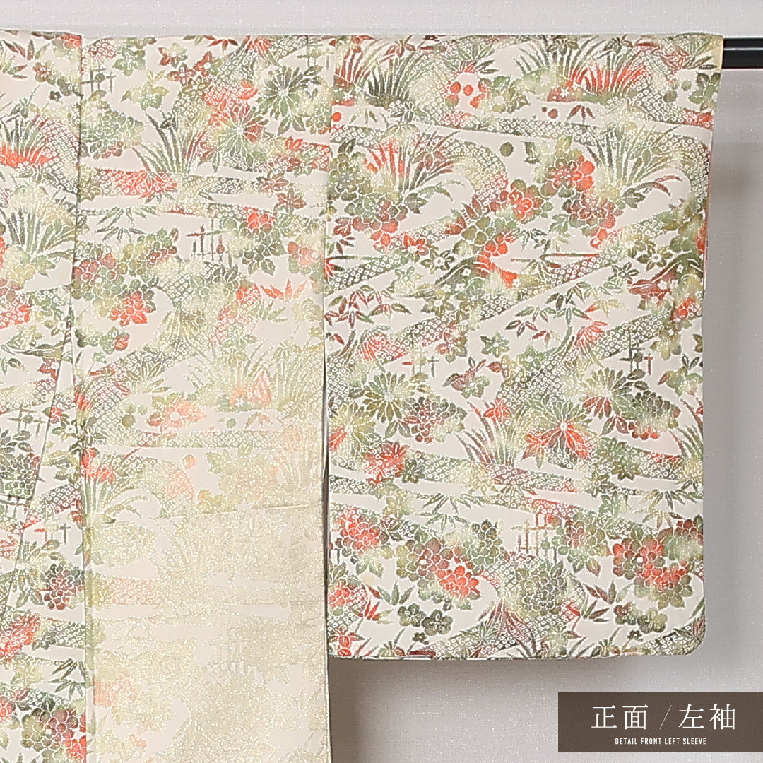 訪問着 袷 身丈147cm 裄丈62cm 正絹 Aランク セミフォーマル 広衿 XSサイズ 型染め 吉祥文様 クリーム系 RP 1217-12440
