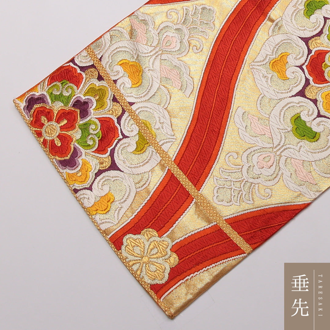 袋帯 帯丈412cm 正絹 六通 フォーマル 唐織 宝相華 立涌 朱系 1243-01442