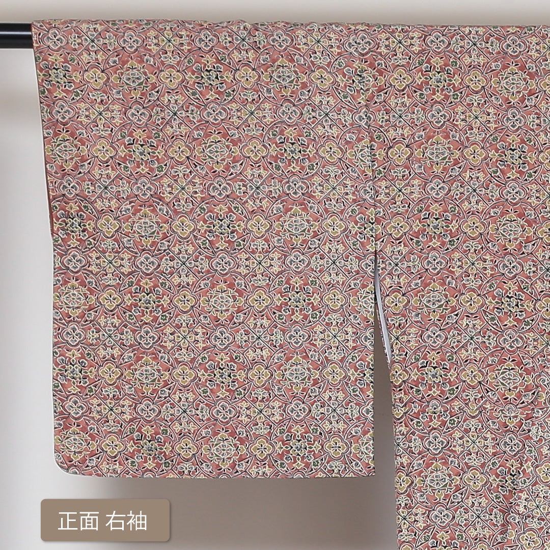小紋 袷 身丈153cm 裄丈65cm 正絹 Sランク インフォーマル 広衿 Sサイズ 更紗 幾何学柄 茶系 RP 1221-01478