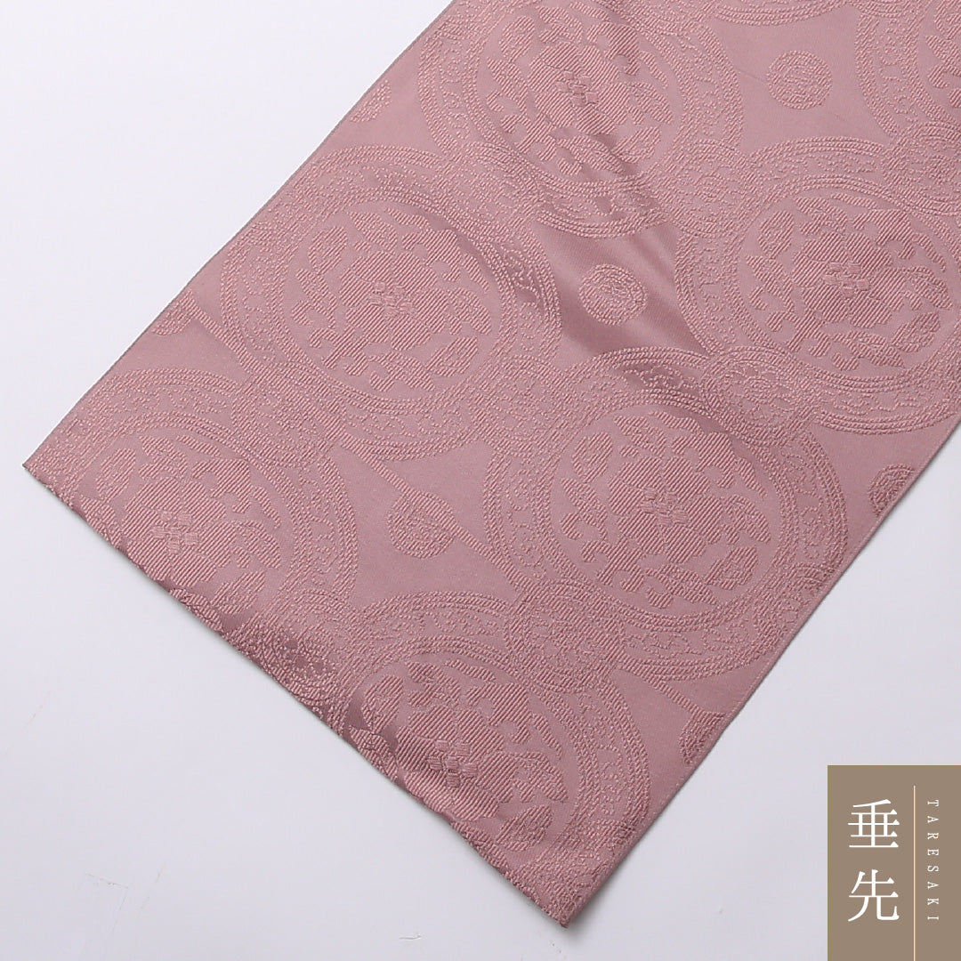 袋帯 帯丈436cm 正絹 六通 セミフォーマル 唐草華文 丸文 ピンク系 1243-01532