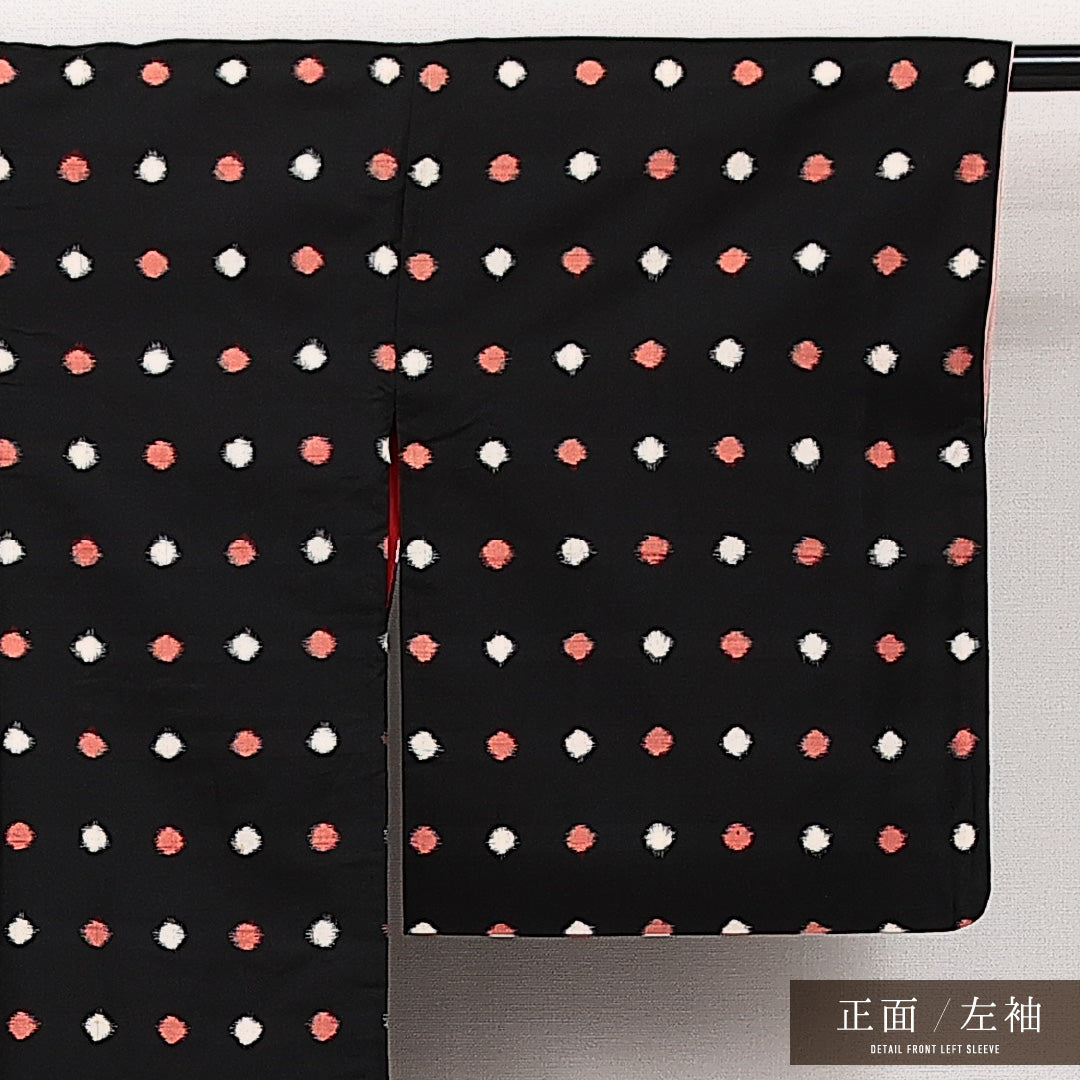 アンティーク 銘仙の着物 袷 身丈161cm 裄丈62cm 正絹 Bランク バチ衿 Lサイズ ドット 黒系 RP 1223-14105