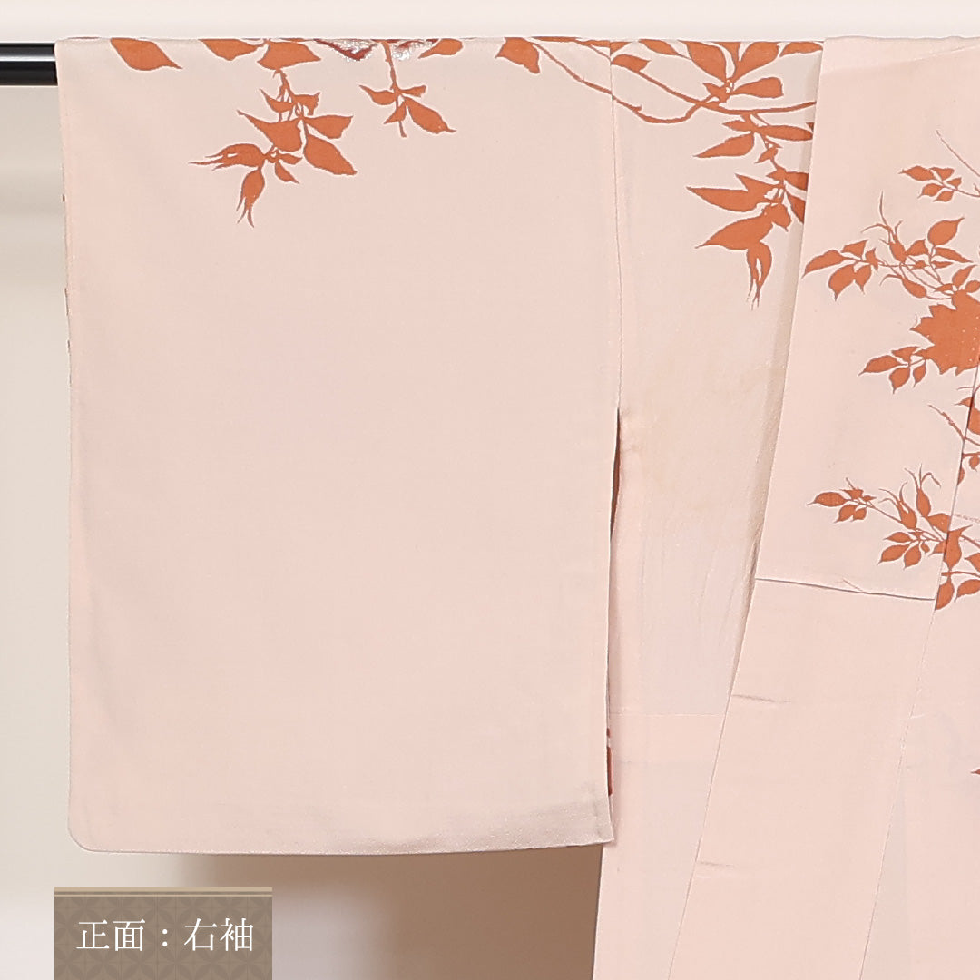 アンティーク お召 紬 単衣 身丈162cm 裄65.5cm 正絹 訪問着 漆糸 薔薇 クリーム系 Bランク 1216-01252