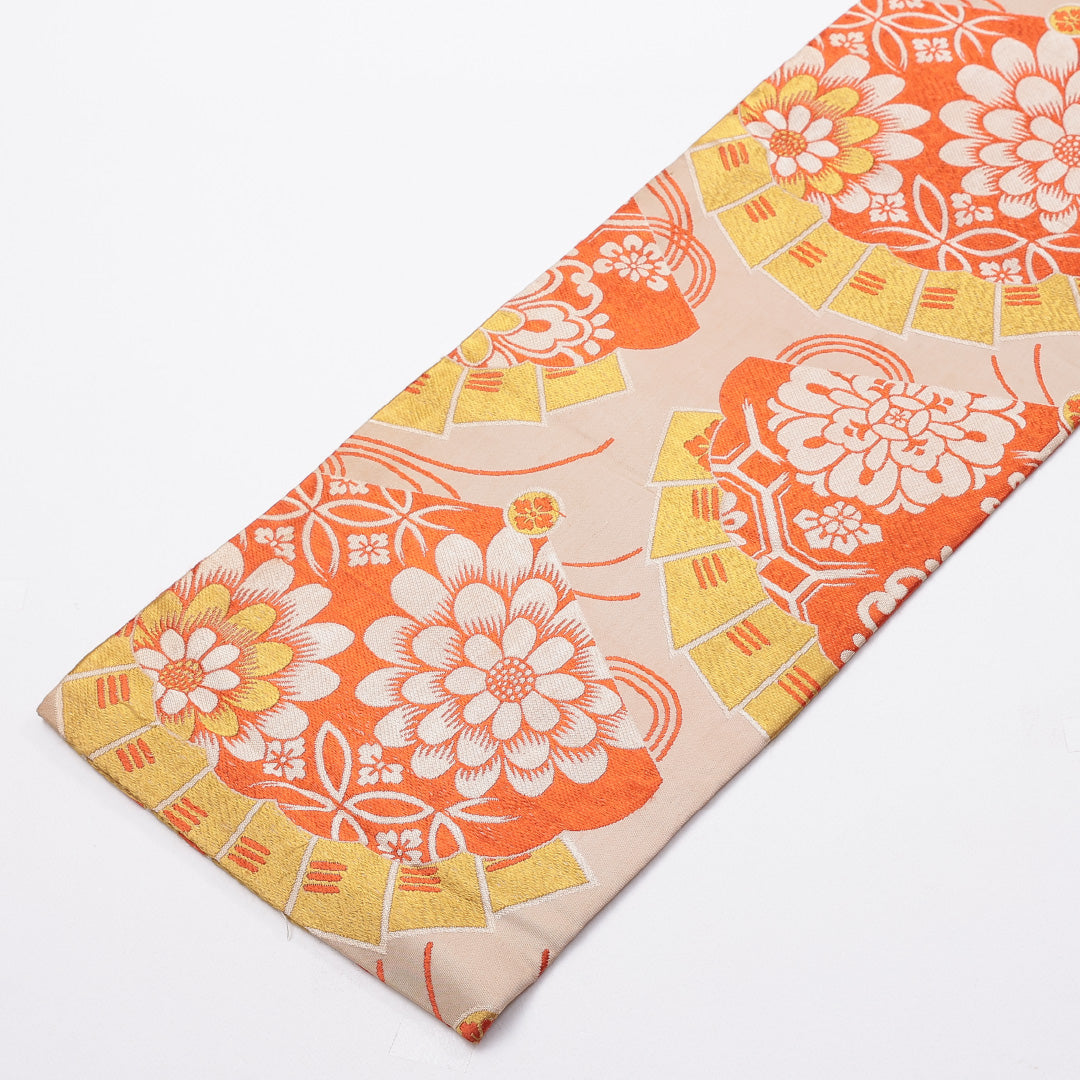 アンティーク 六寸帯 帯丈352cm 全通 小袋帯 七宝 菊 檜扇 正絹 クリーム系 Cランク 1225-000239