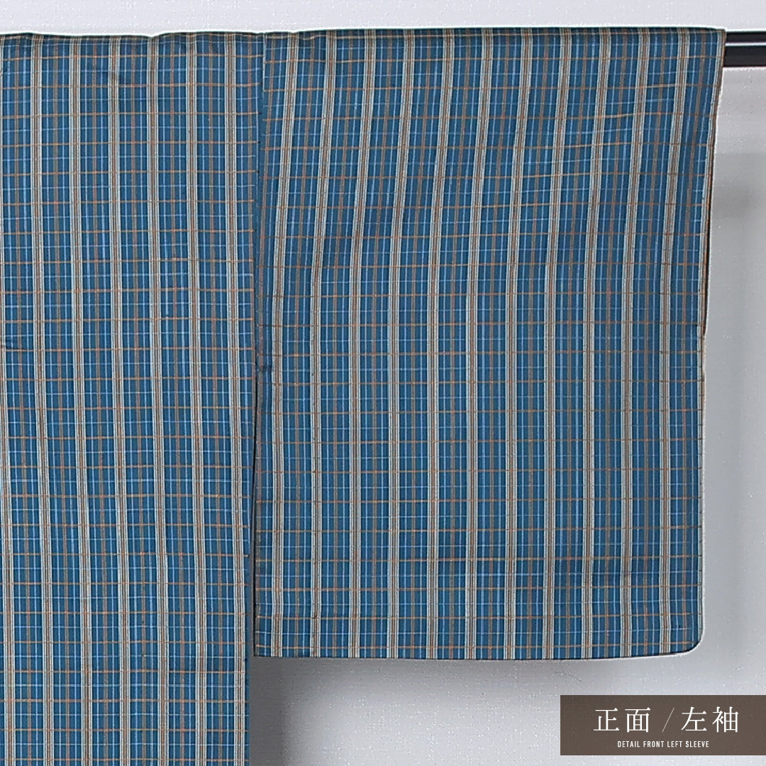 紬 単衣 身丈152cm 裄丈62cm 正絹 Sランク カジュアル 広衿 Sサイズ 格子 青系 RP 1223-12250