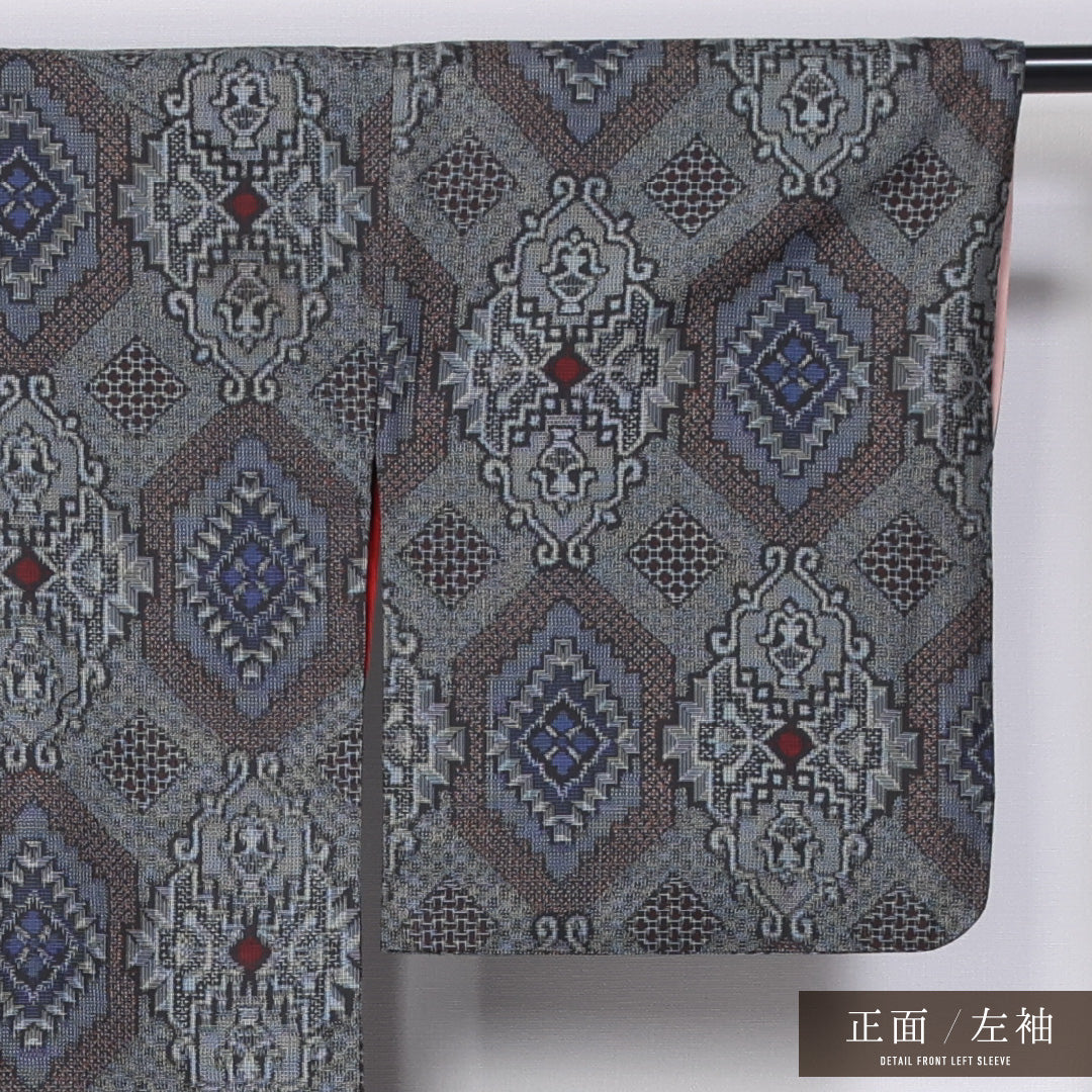 アンティーク 大島紬 袷 身丈156cm 裄丈62cm 正絹 Bランク 広衿 Mサイズ ペルシャ文様 華皿 グレー系 RP 1223-11398