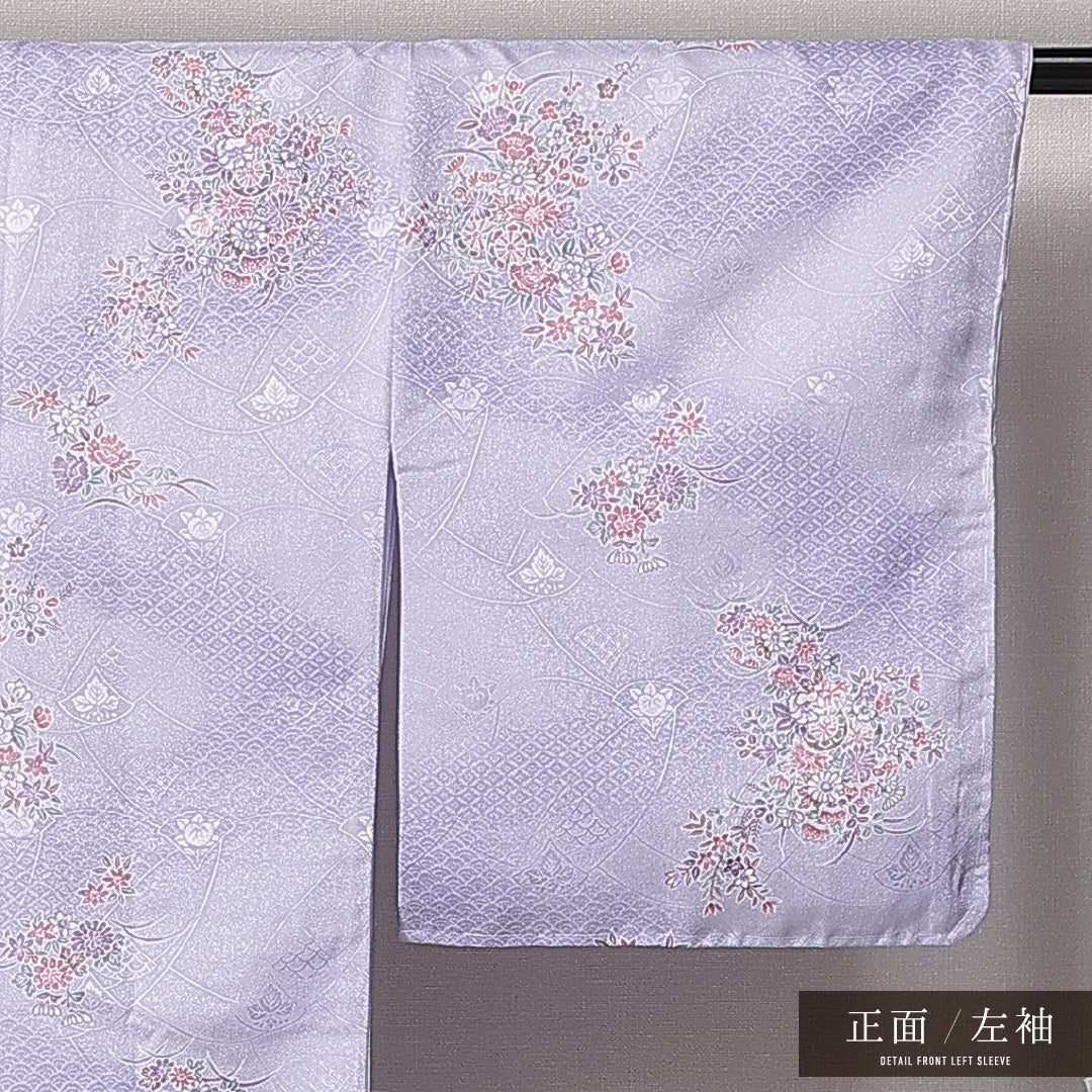 小紋 洗える着物 袷 身丈161cm 裄丈63cm ポリエステル Sランク Lサイズ 広衿 インフォーマル 花車 紫系 1215-14827